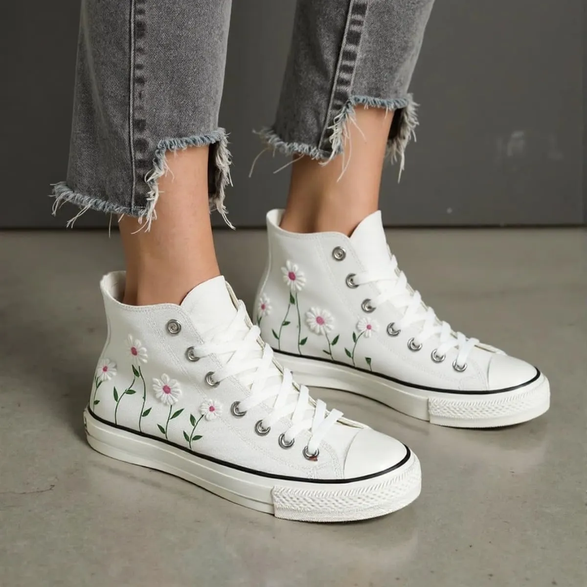 Ocean Foam Floral High Top Canvas Shoes for Women – Embroidered Korean Style Ethnic Graffiti Sneakers – Cute Aesthetic Spring Casual Shoes