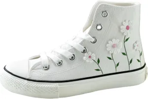 Ocean Foam Floral High Top Canvas Shoes for Women – Embroidered Korean Style Ethnic Graffiti Sneakers – Cute Aesthetic Spring Casual Shoes