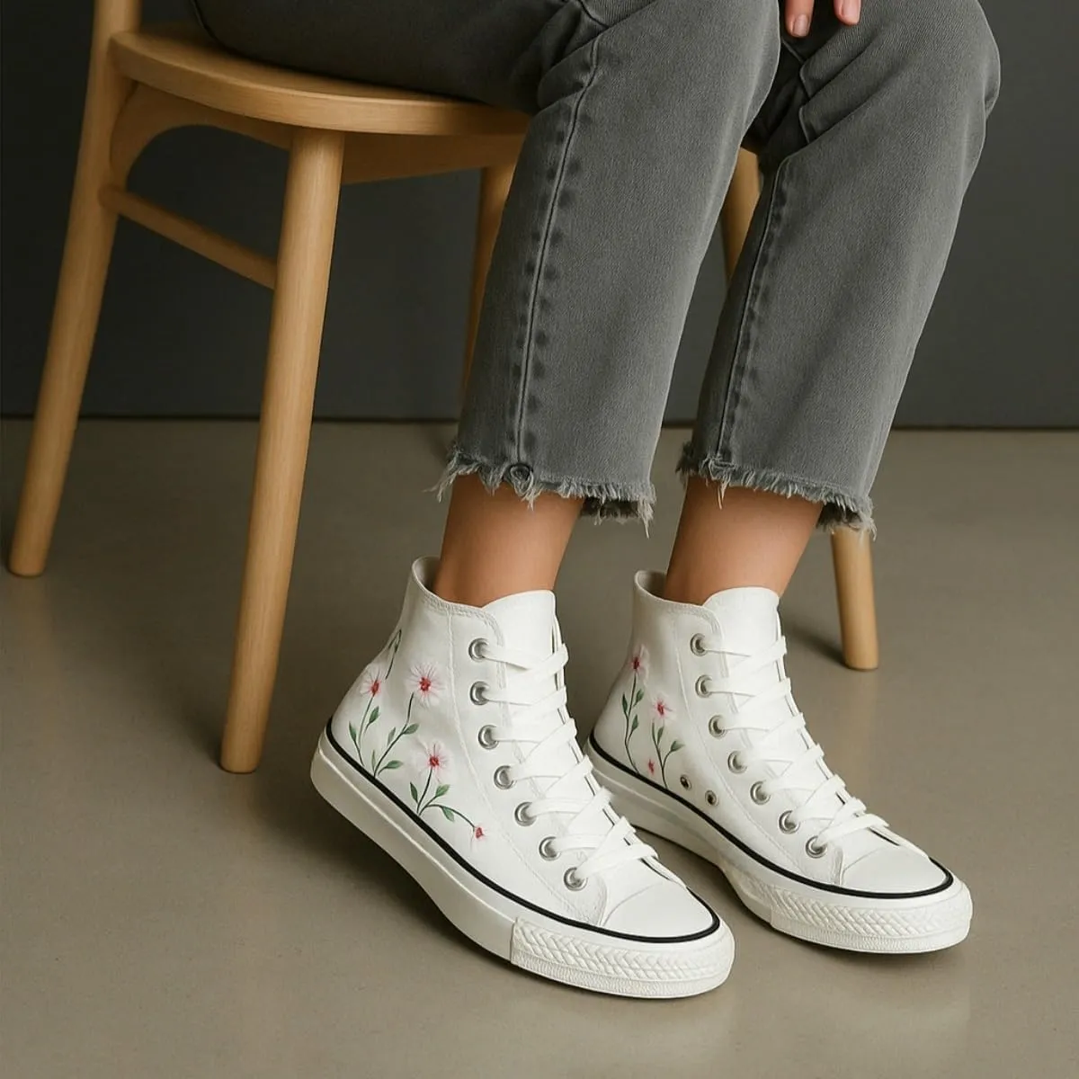 Ocean Foam Floral High Top Canvas Shoes for Women – Embroidered Korean Style Ethnic Graffiti Sneakers – Cute Aesthetic Spring Casual Shoes