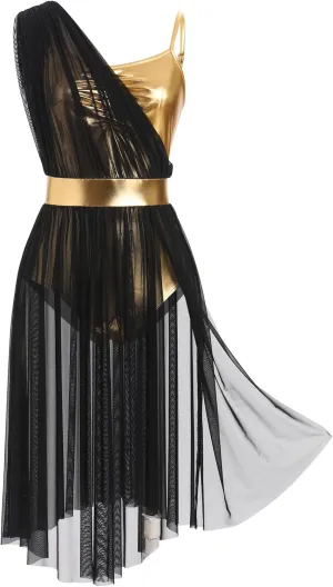 ODASDO Lyrical Dance Costumes for Women Cami Straps Metallic Mesh Tulle Flowy Leotard Dress for Recital Stage Performance