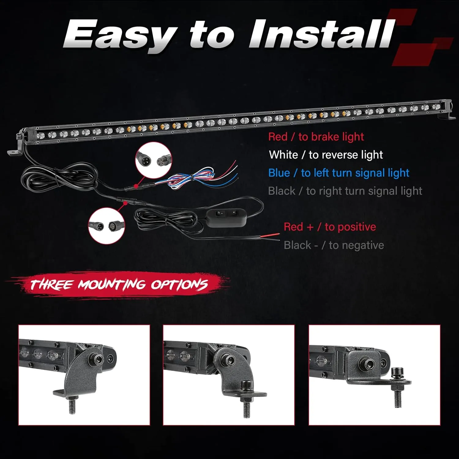 OFFROADTOWN LED Chase Strobe Light Bar, 37 Inch Rear Chasing w/Turn Signal Brake Reverse Light Slim LED Bar for UTV ATV RZR Polaris Can-am Yamaha Side by Sides 4x4 Trucks - Red Yellow Blue