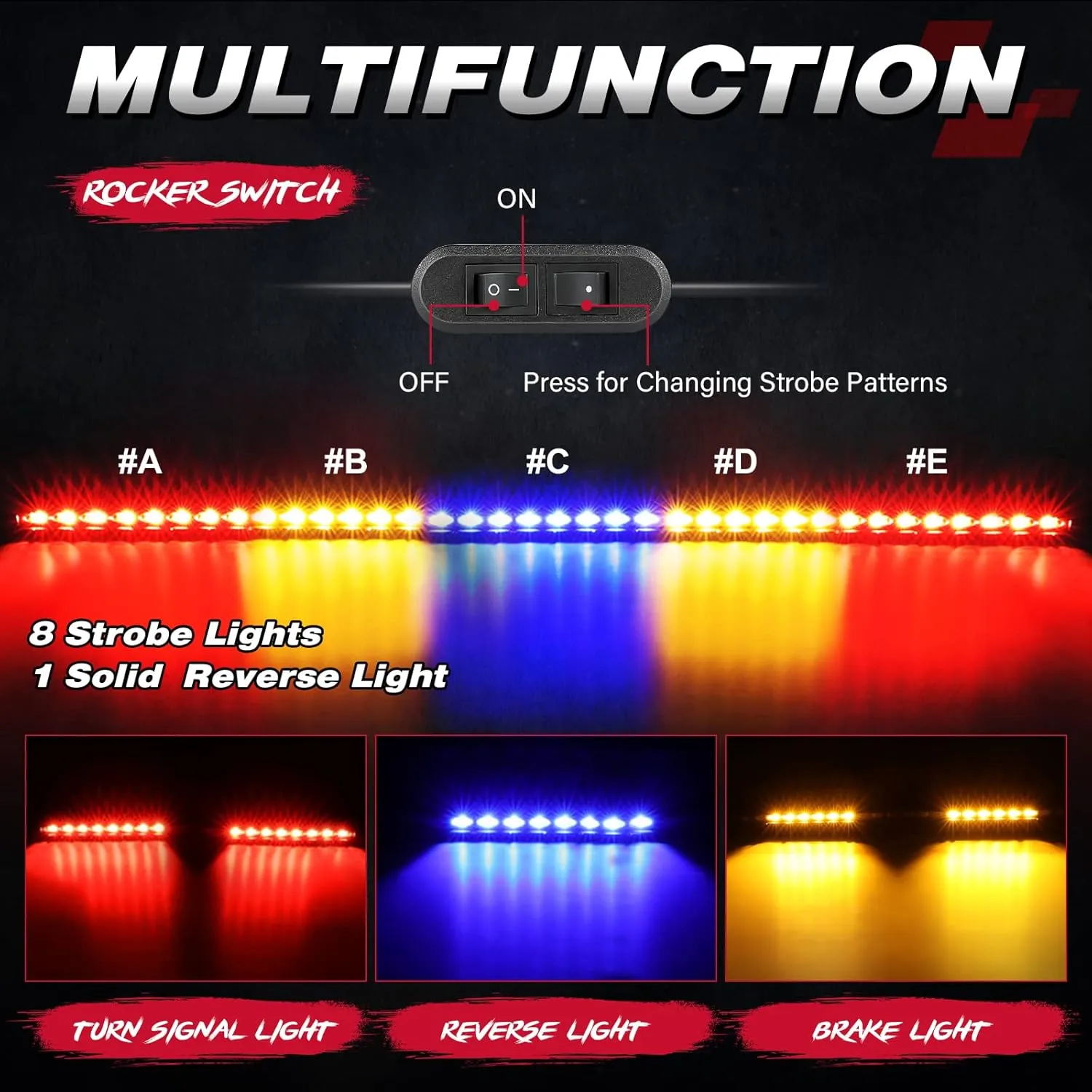 OFFROADTOWN LED Chase Strobe Light Bar, 37 Inch Rear Chasing w/Turn Signal Brake Reverse Light Slim LED Bar for UTV ATV RZR Polaris Can-am Yamaha Side by Sides 4x4 Trucks - Red Yellow Blue