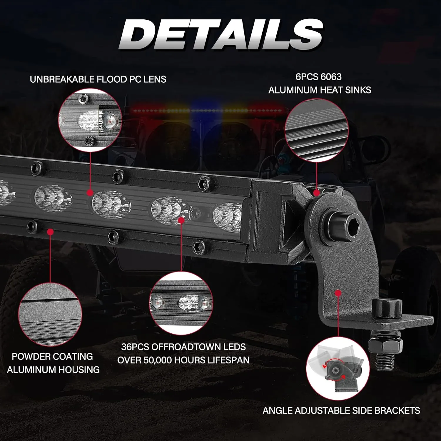 OFFROADTOWN LED Chase Strobe Light Bar, 37 Inch Rear Chasing w/Turn Signal Brake Reverse Light Slim LED Bar for UTV ATV RZR Polaris Can-am Yamaha Side by Sides 4x4 Trucks - Red Yellow Blue
