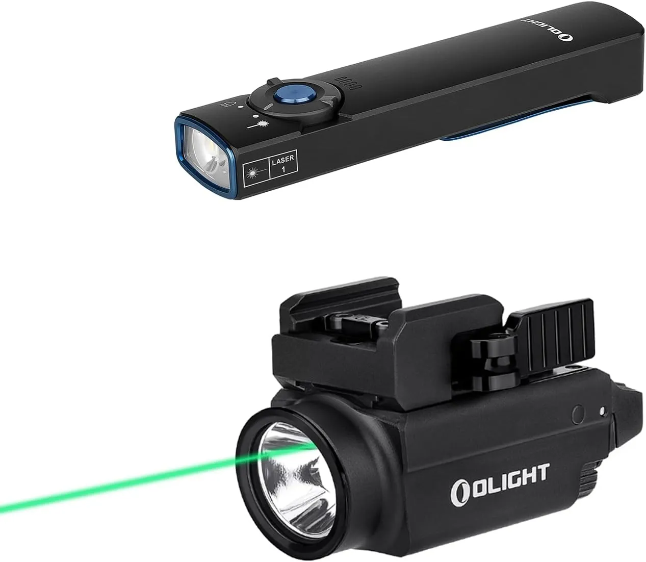OLIGHT Arkfeld Flat Flashlight 1000 Lumens Dual Light Source EDC Lights Bundle with Baldr S 800 Lumens Compact Rail Mount Weaponlight with Green Beam and White LED Combo