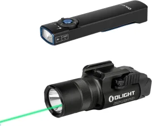 OLIGHT Arkfeld Flat Flashlight 1000 Lumens Dual Light Source EDC Lights with Green Beam and White LED Combo Bundle with Baldr Pro R Weaponlight