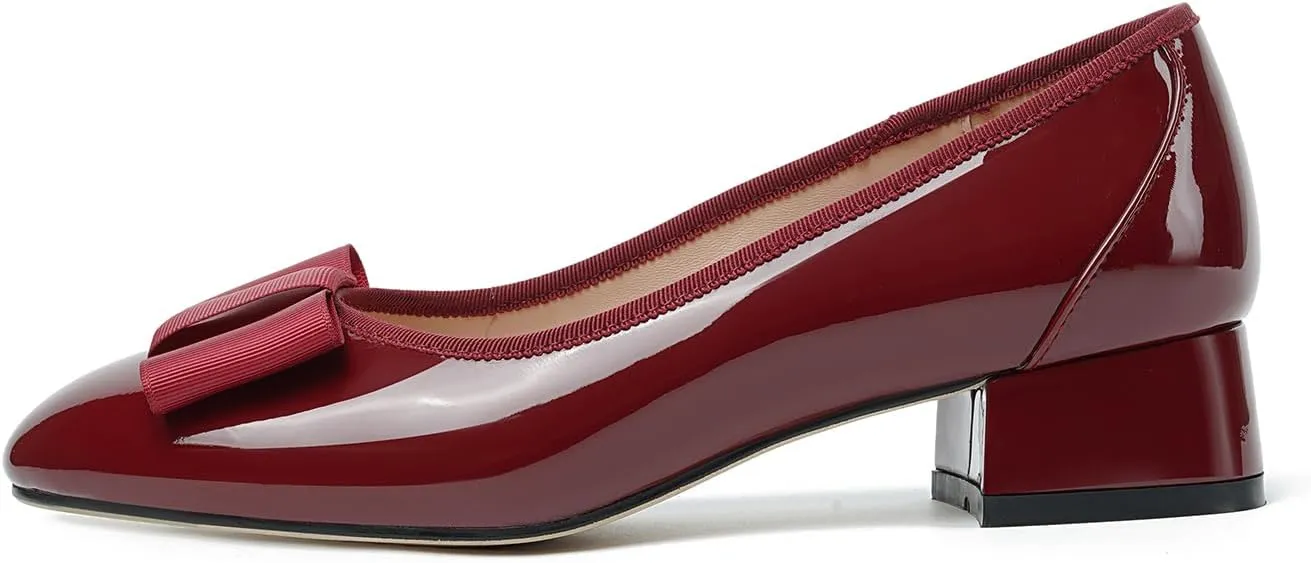 olomisa Women's Pumps, Round Closed Toe Dressy Shoes, Bow Chunky Heel Patent Leather Slip On Pumps