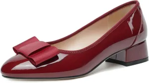 olomisa Women's Pumps, Round Closed Toe Dressy Shoes, Bow Chunky Heel Patent Leather Slip On Pumps