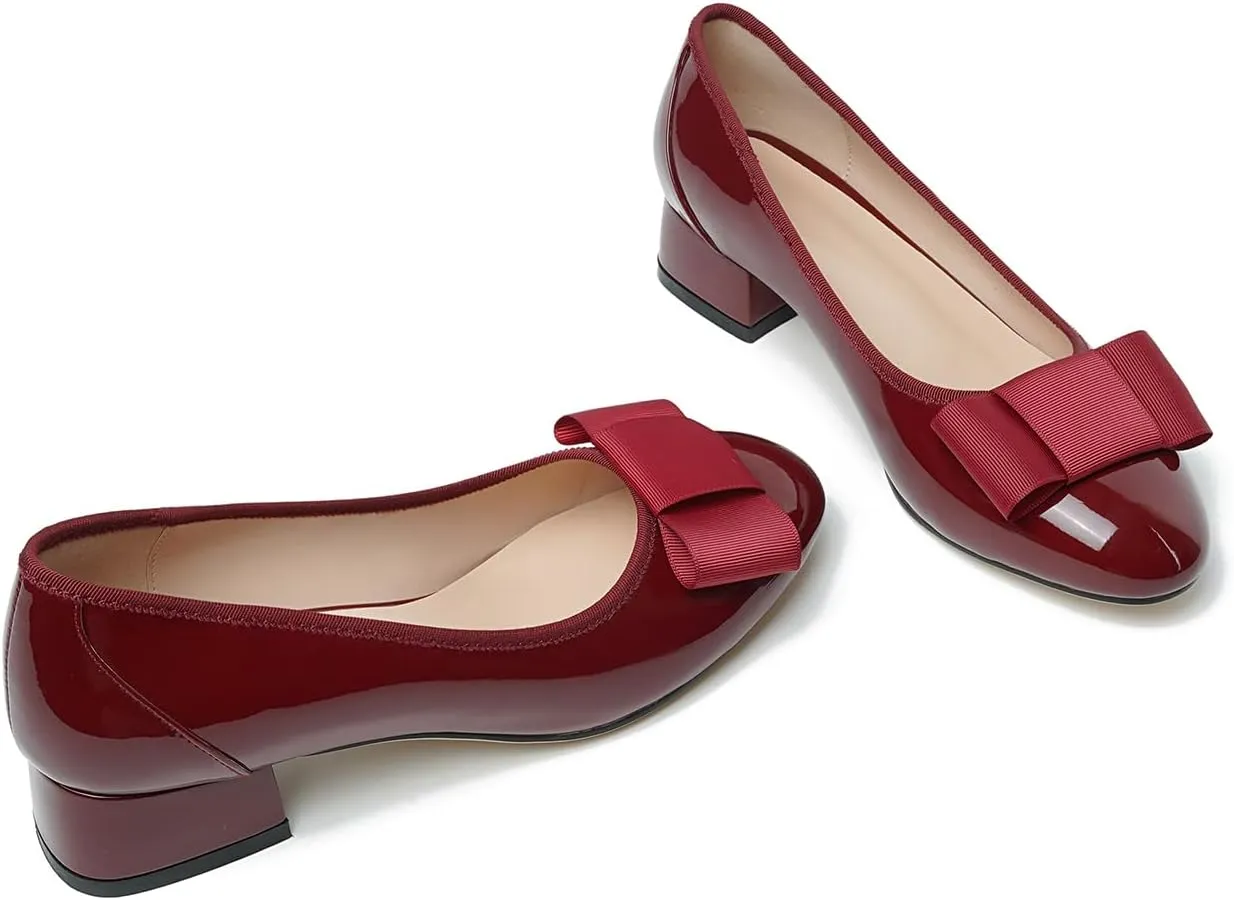 olomisa Women's Pumps, Round Closed Toe Dressy Shoes, Bow Chunky Heel Patent Leather Slip On Pumps