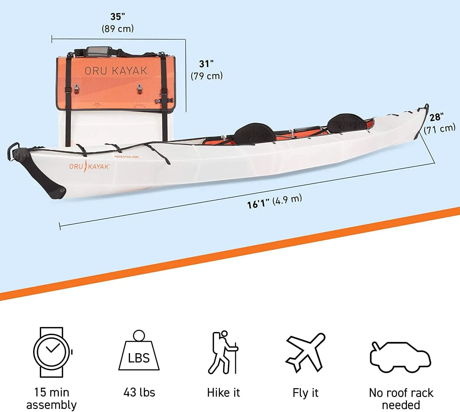 Oru Kayak Foldable Kayak Haven TT | for 1 or 2 People - Stable, Durable, Lightweight - Lake and River Kayaks - Beginner, Intermediate - Size (Unfolded)