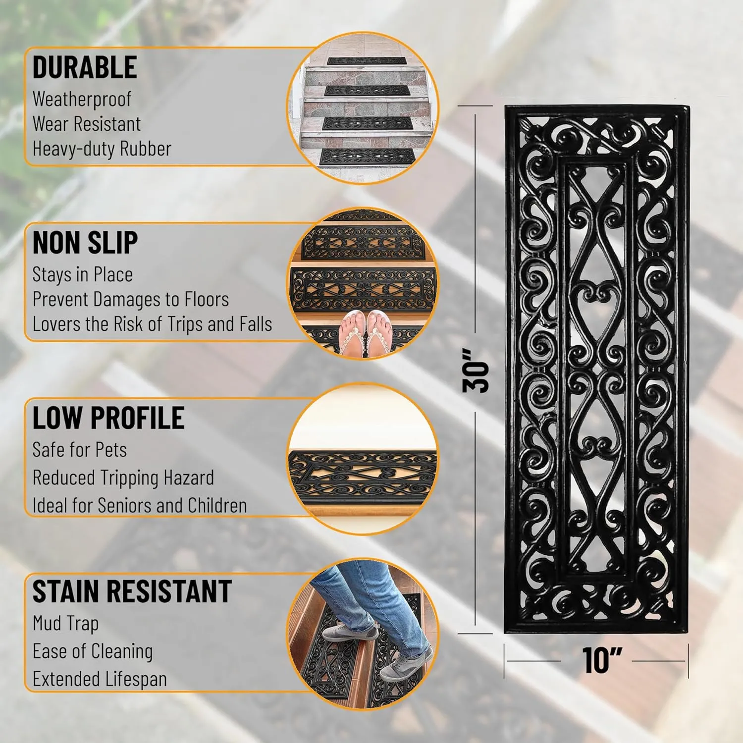 Ottomanson Easy Clean, Waterproof, Low Profile Non-Slip Indoor/Outdoor Rubber Stair Treads, 10" x 30" (5 Pack), Black/Bronze