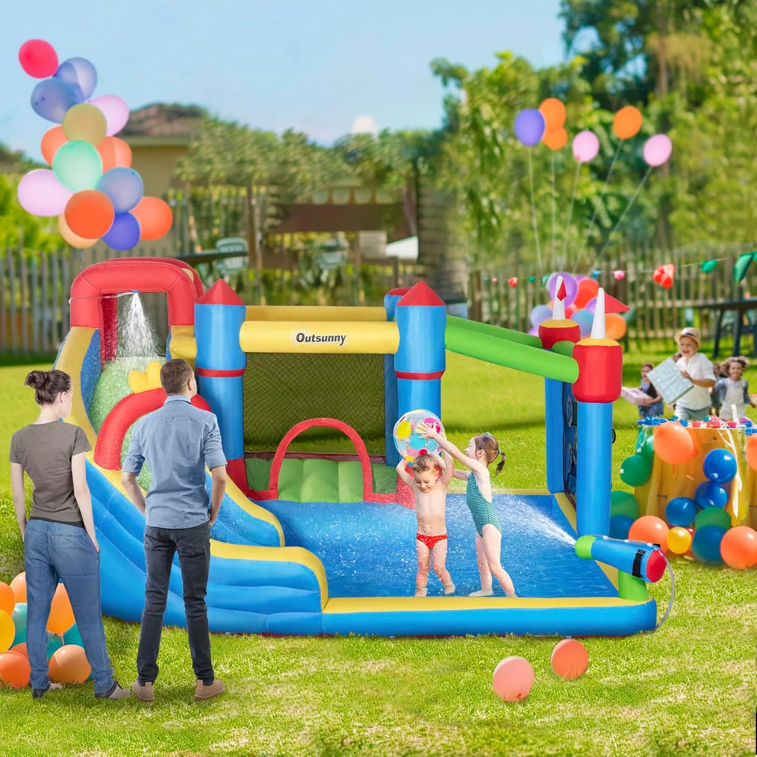 Outsunny 6-in-1 Inflatable Bounce House with Slide, Climbing Wall, Water Cannon, and More, Inflatable Water Slide for Kids with 2 Min. Inflation with Inflator
