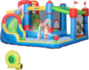 Outsunny 6-in-1 Inflatable Bounce House with Slide, Climbing Wall, Water Cannon, and More, Inflatable Water Slide for Kids with 2 Min. Inflation with Inflator