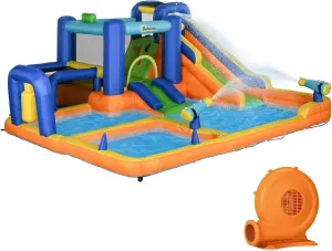 Outsunny Kids Inflatable Water Slide 7-in-1 Bounce House Water Park Jumping Castle with Water Pool, Slide, Soccer Goal, Basketball Hoop, Boxing Post Climbing Walls, & 2 Water Cannons, 450W Air Blower