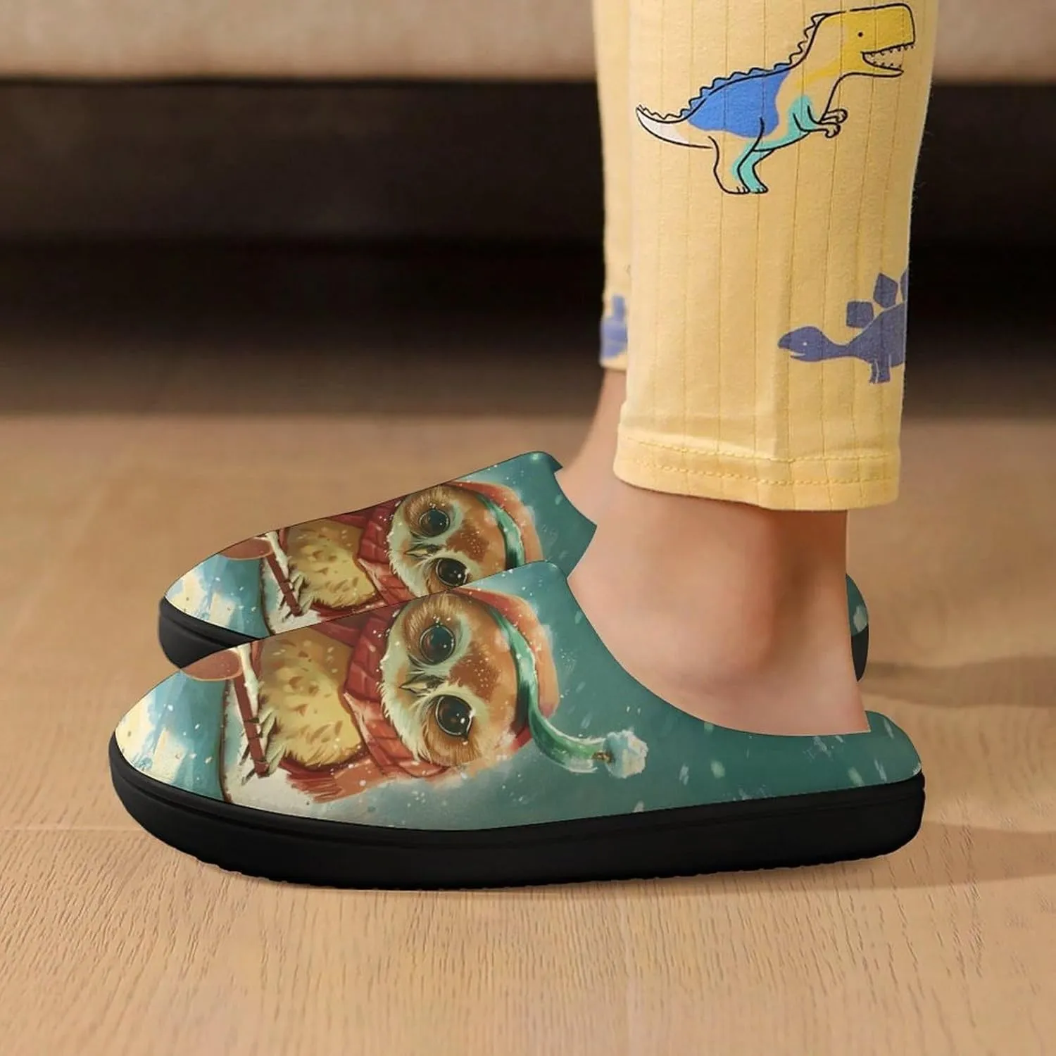 Owl on Sled Soft Slippers for Girls Boys Non-slip Warm House Slippers Cute Home Shoes