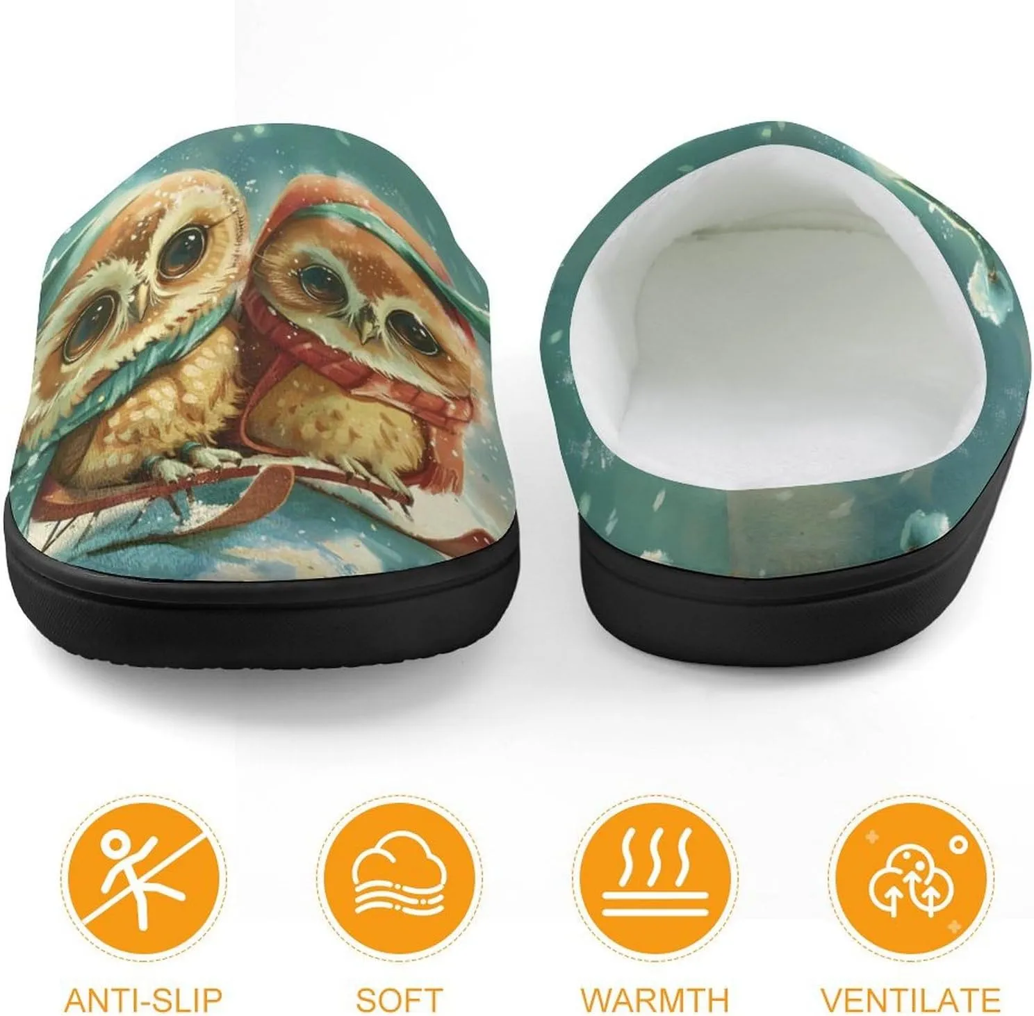 Owl on Sled Soft Slippers for Girls Boys Non-slip Warm House Slippers Cute Home Shoes