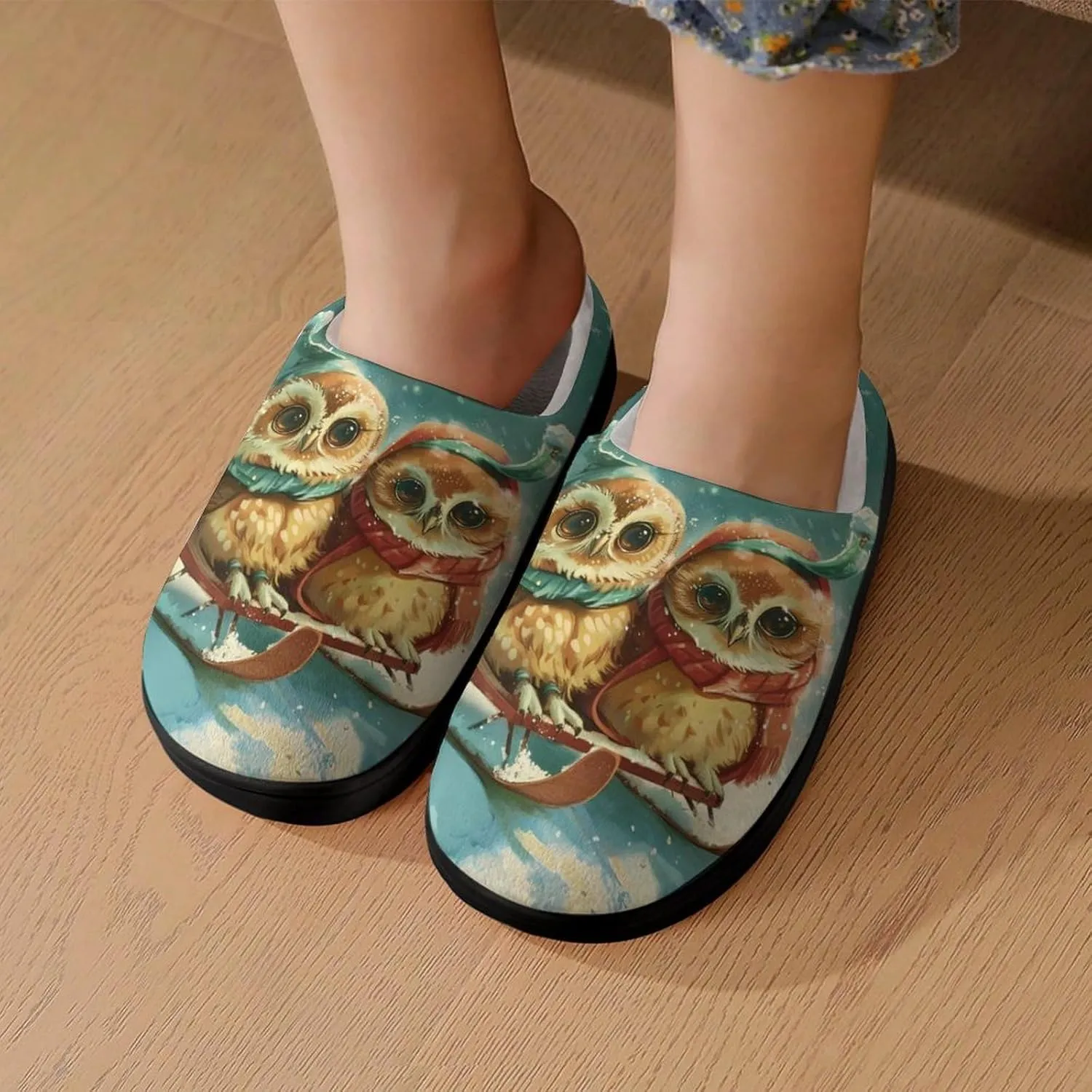 Owl on Sled Soft Slippers for Girls Boys Non-slip Warm House Slippers Cute Home Shoes