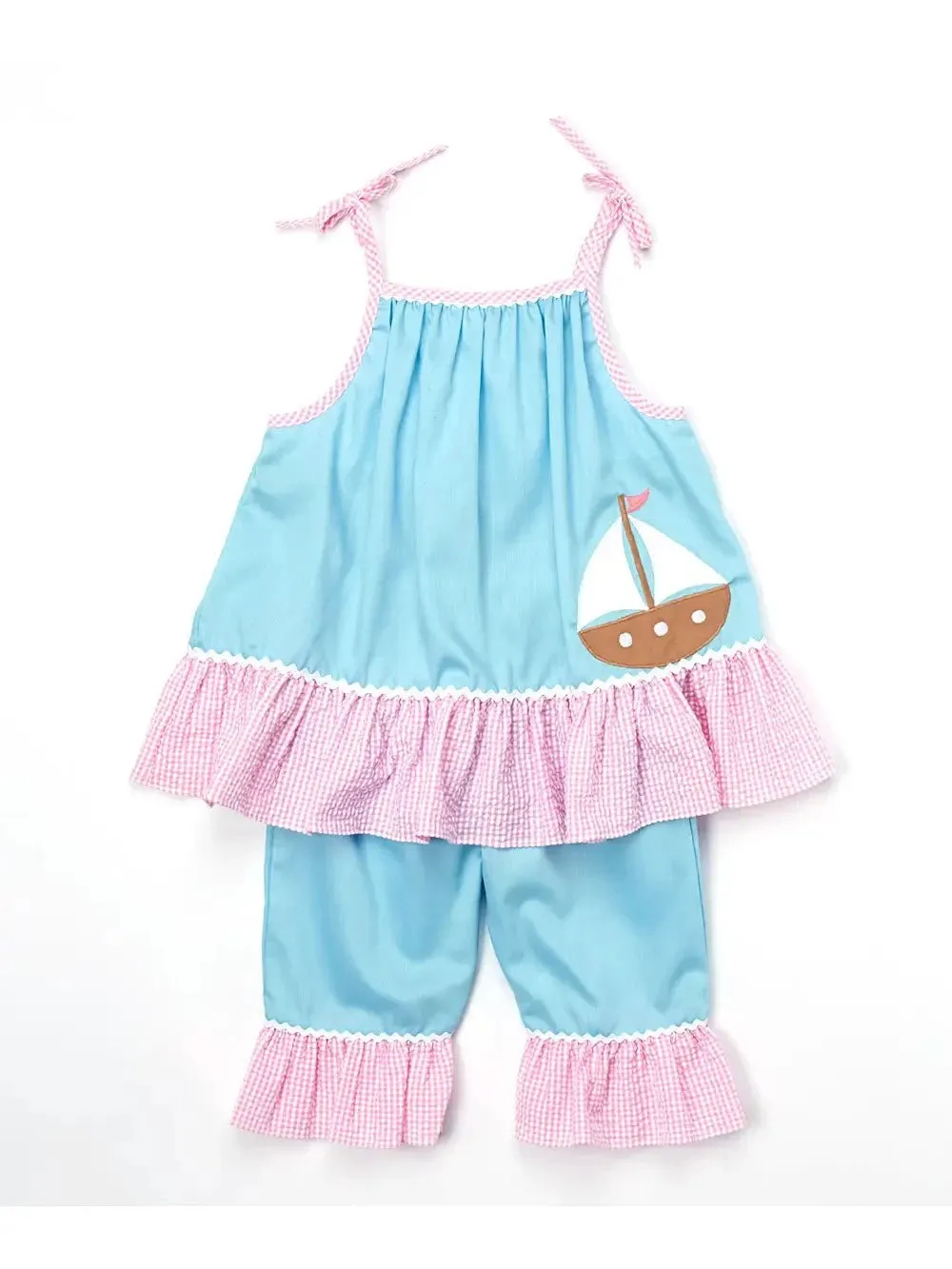 Pastel Summer boat Applique Top & Capri Set