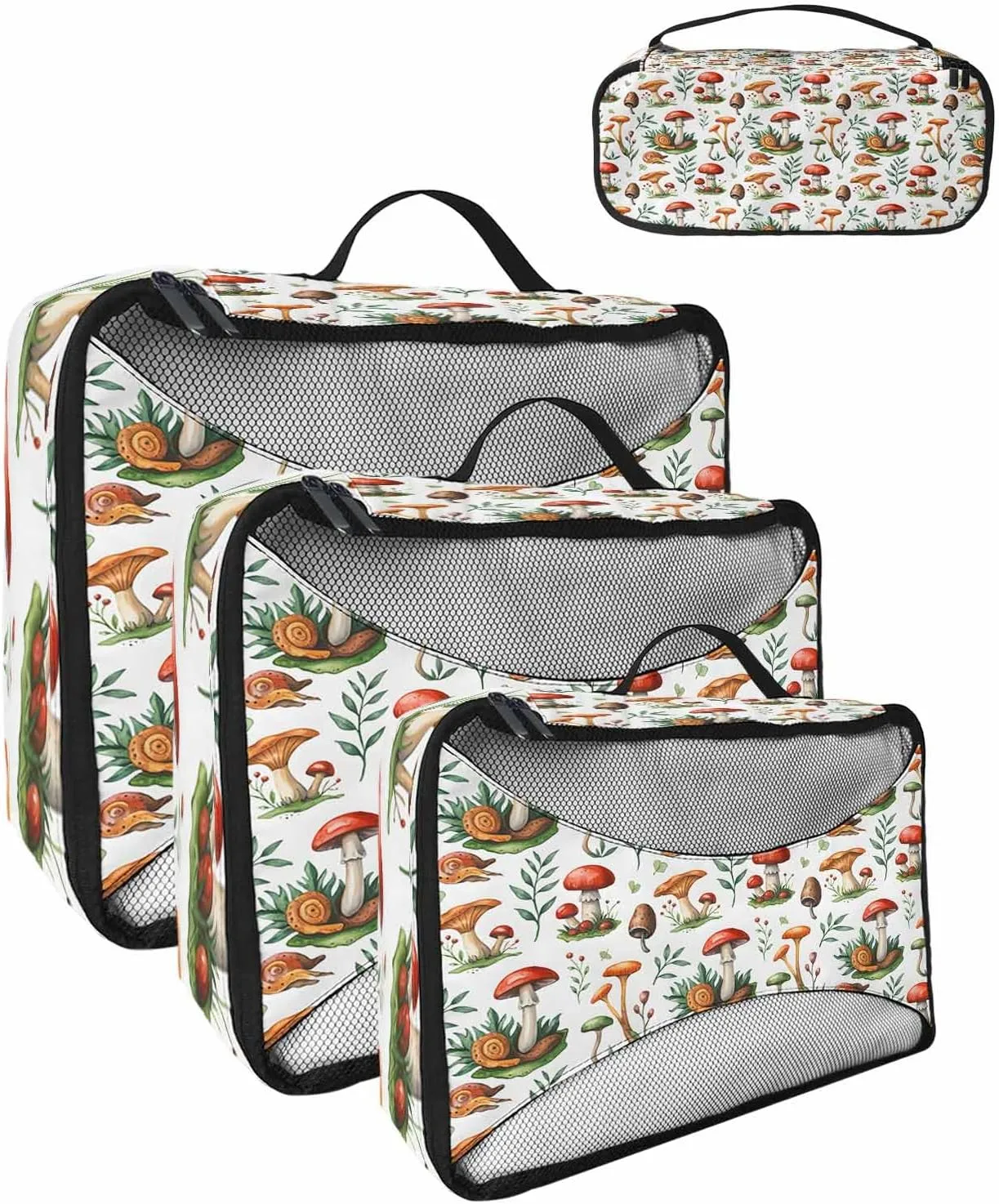 Pastoral Mushroom Green Leaves 4 Set Packing Cubes, Summer Grass Plant Packing Cubes for Carry on Suitcase Travel Essential Bag for Clothes Shoes Cosmetics Toiletry