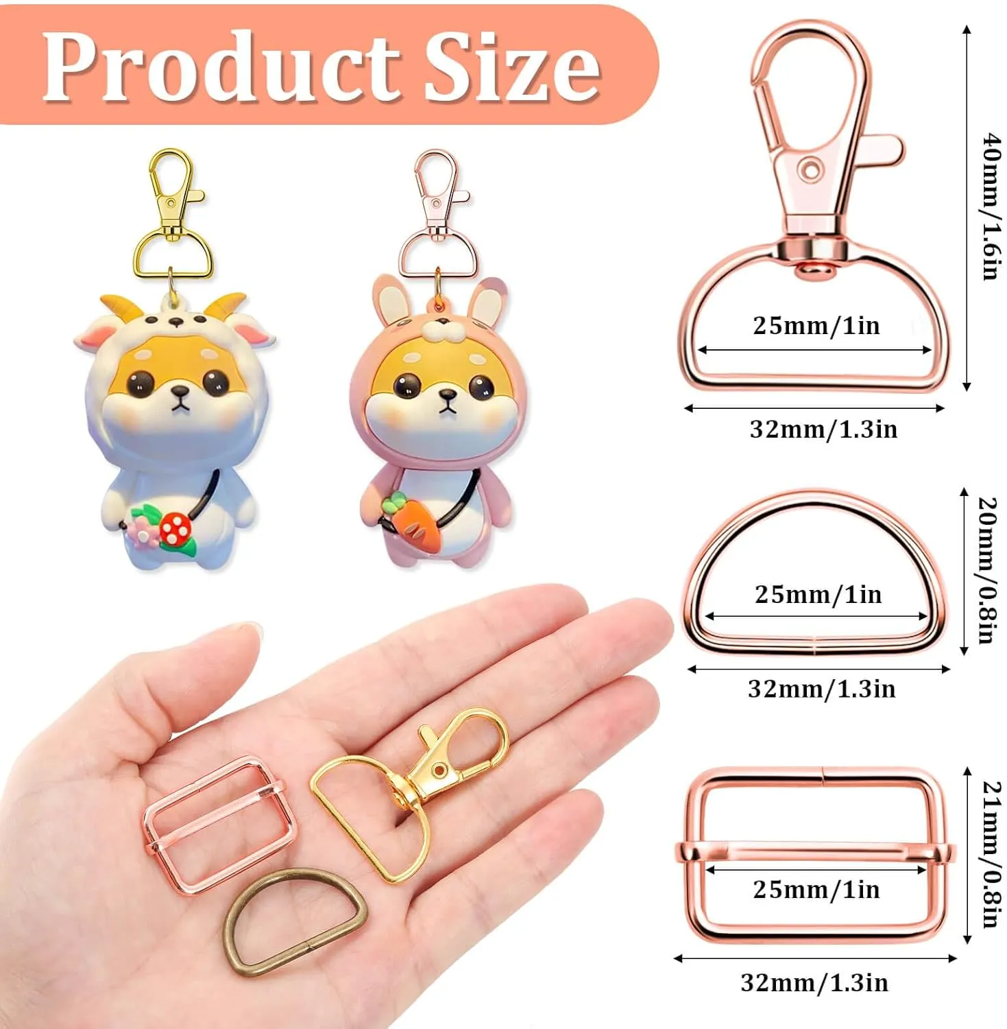 Paxcoo Keychain Bulk with Key Chain Swivel Hook D Rings and Slide Buckles for Handbag Purse Hardware Craft (1 Inch)