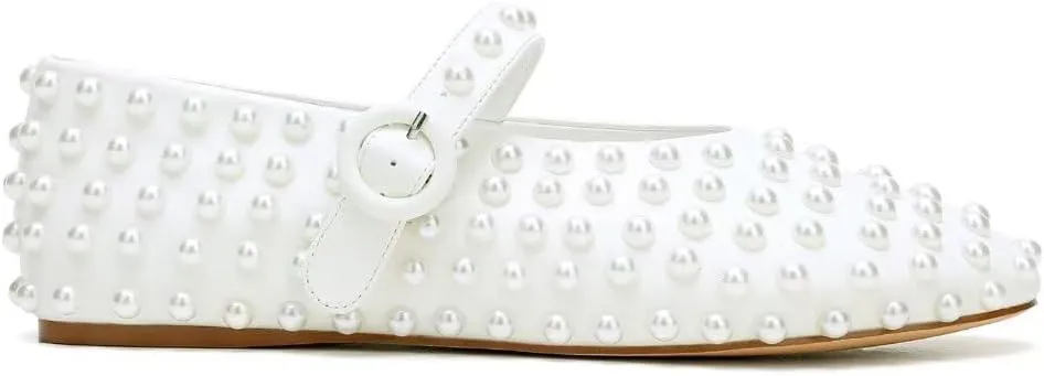 Pearl-Studded Mary Jane Ballet Flats Buckle Strap Ballerina Shoes Comfortable Dressy Flats