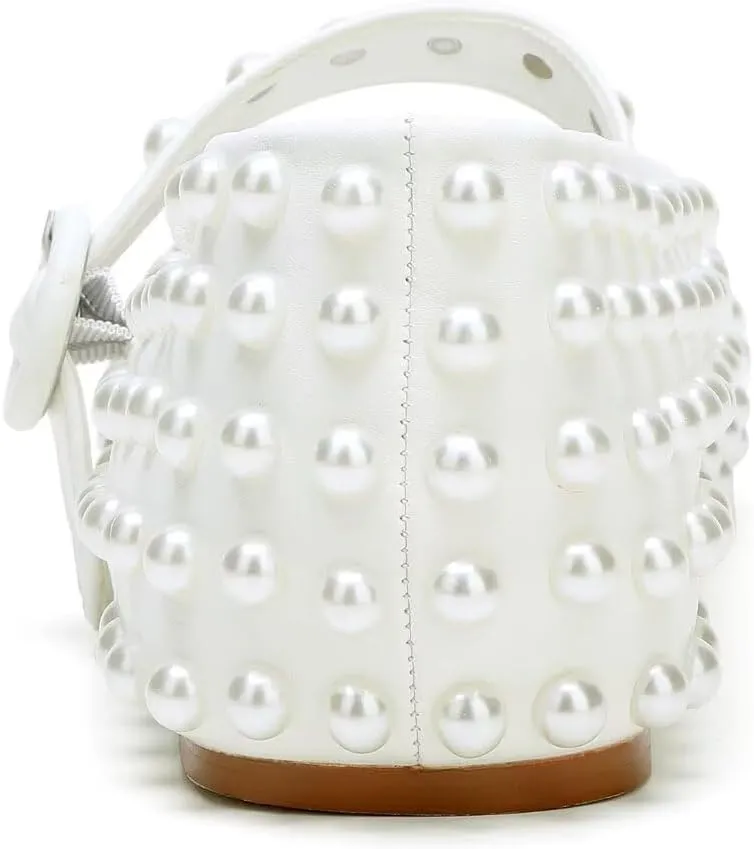 Pearl-Studded Mary Jane Ballet Flats Buckle Strap Ballerina Shoes Comfortable Dressy Flats