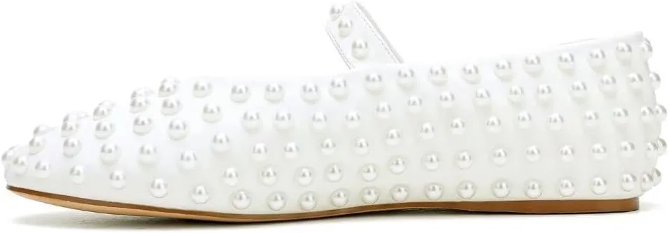 Pearl-Studded Mary Jane Ballet Flats Buckle Strap Ballerina Shoes Comfortable Dressy Flats