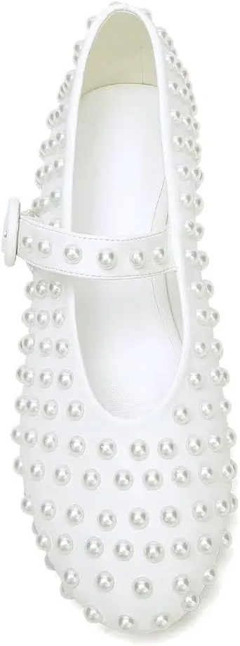 Pearl-Studded Mary Jane Ballet Flats Buckle Strap Ballerina Shoes Comfortable Dressy Flats