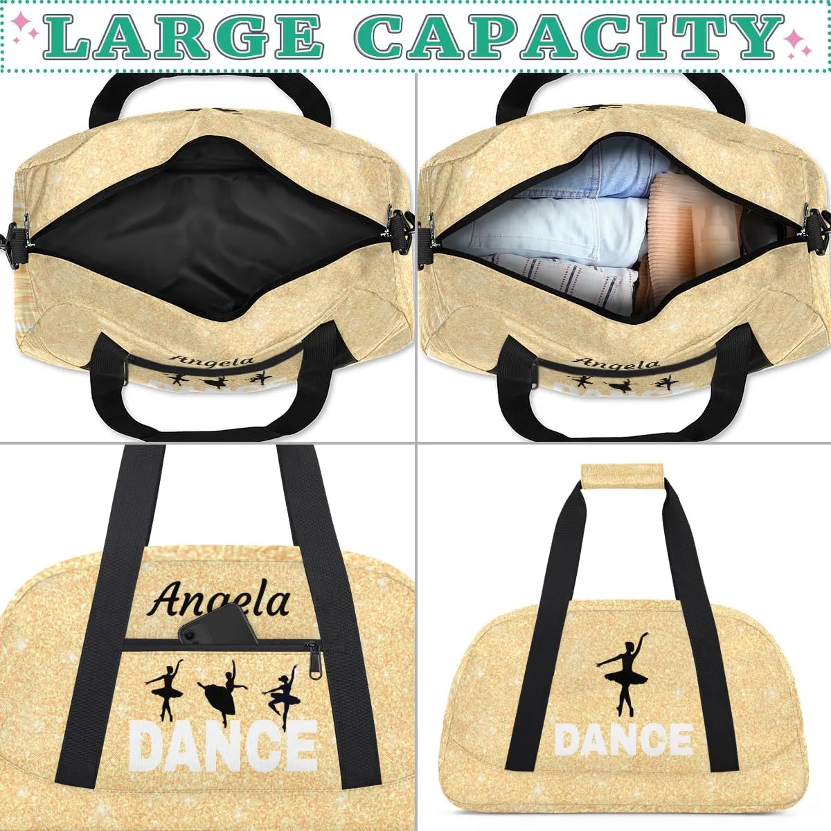 Personalized Dance Bag Kids Duffel Bag for Girls Yellow Theme Small Sport Gym Bag Custom Overnight Weekender Bag Carry on Dance Bag for Traveling Gymnastic