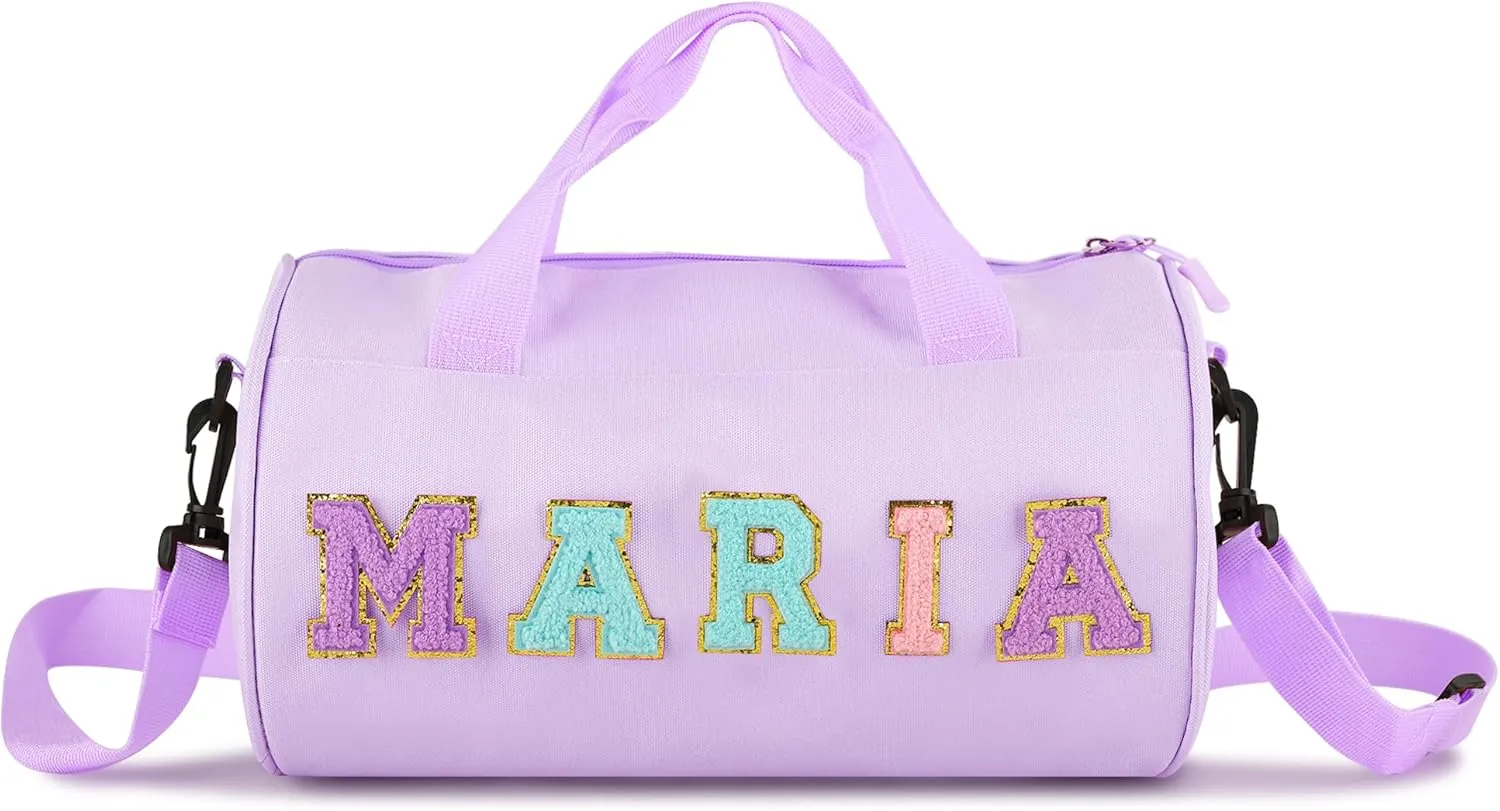 Personalized Dance Ballet Bag Girls, Kids Letter Patch Dance Bag, Sport Gym Bag,Travel Duffel Bag, Large Chenille Letter Weekender Overnight Bag (Purple)