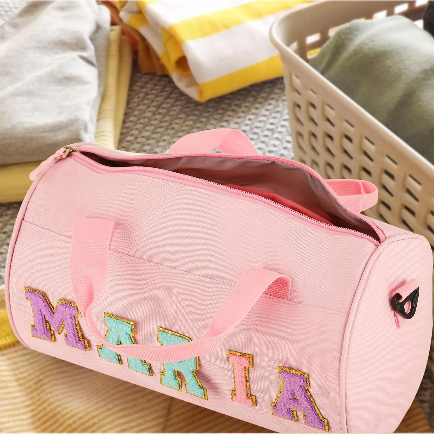 Personalized Dance Ballet Bag Girls, Kids Letter Patch Dance Bag, Sport Gym Bag,Travel Duffel Bag, Large Chenille Letter Weekender Overnight Bag (Purple)