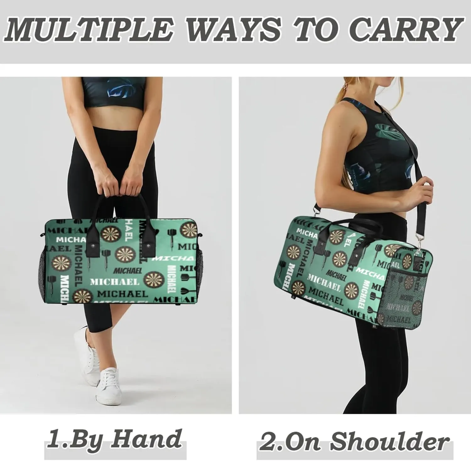 Personalized Darts Sport Duffel Bag with Name, Custom Gym Bag Customized Overnight Weekender Bag for Women Men, Green Light