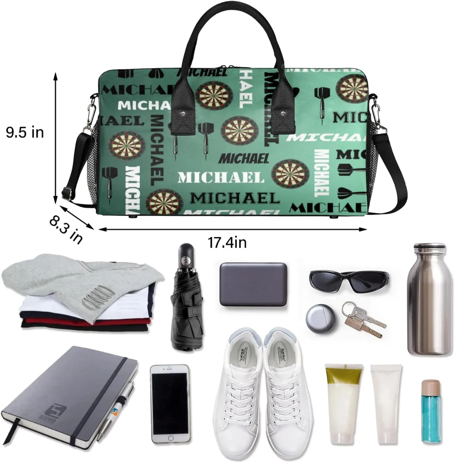 Personalized Darts Sport Duffel Bag with Name, Custom Gym Bag Customized Overnight Weekender Bag for Women Men, Green Light