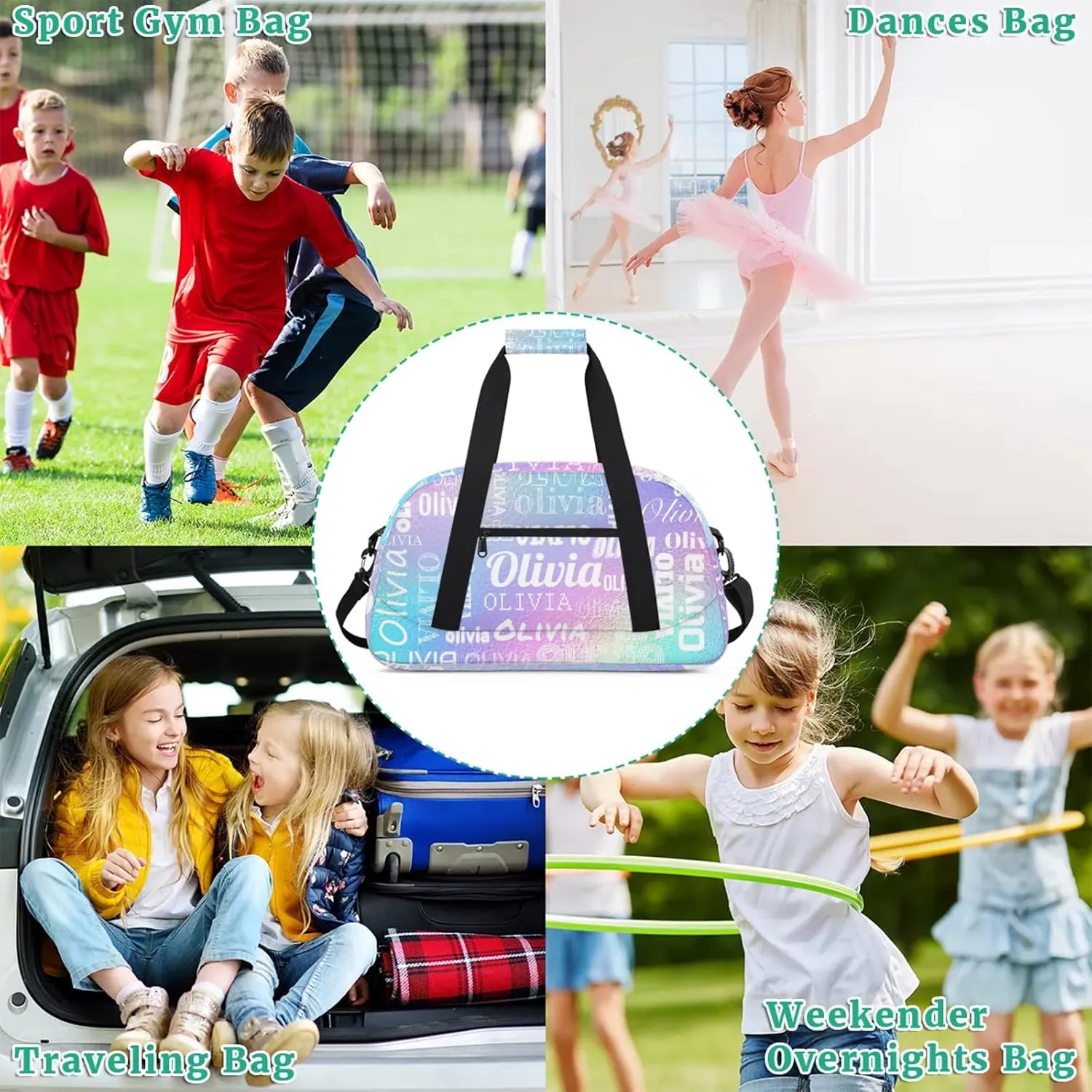 Personalized Duffel Bag with Name Custom Travel Sports Bag for Women Men Waterproof Dance Ballet Bag Lightweight 18.9in, Gradient Blue Purple