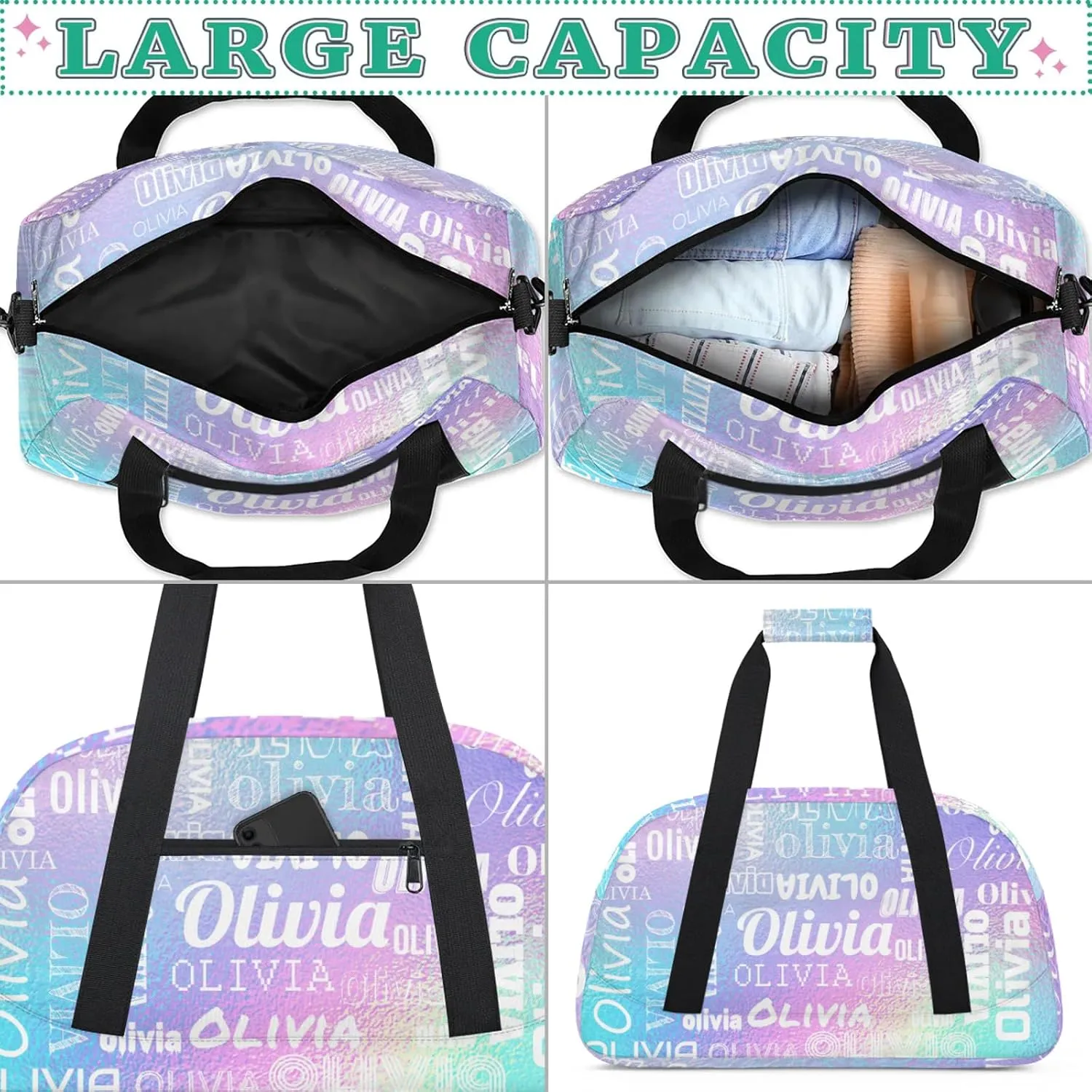 Personalized Duffel Bag with Name Custom Travel Sports Bag for Women Men Waterproof Dance Ballet Bag Lightweight 18.9in, Gradient Blue Purple