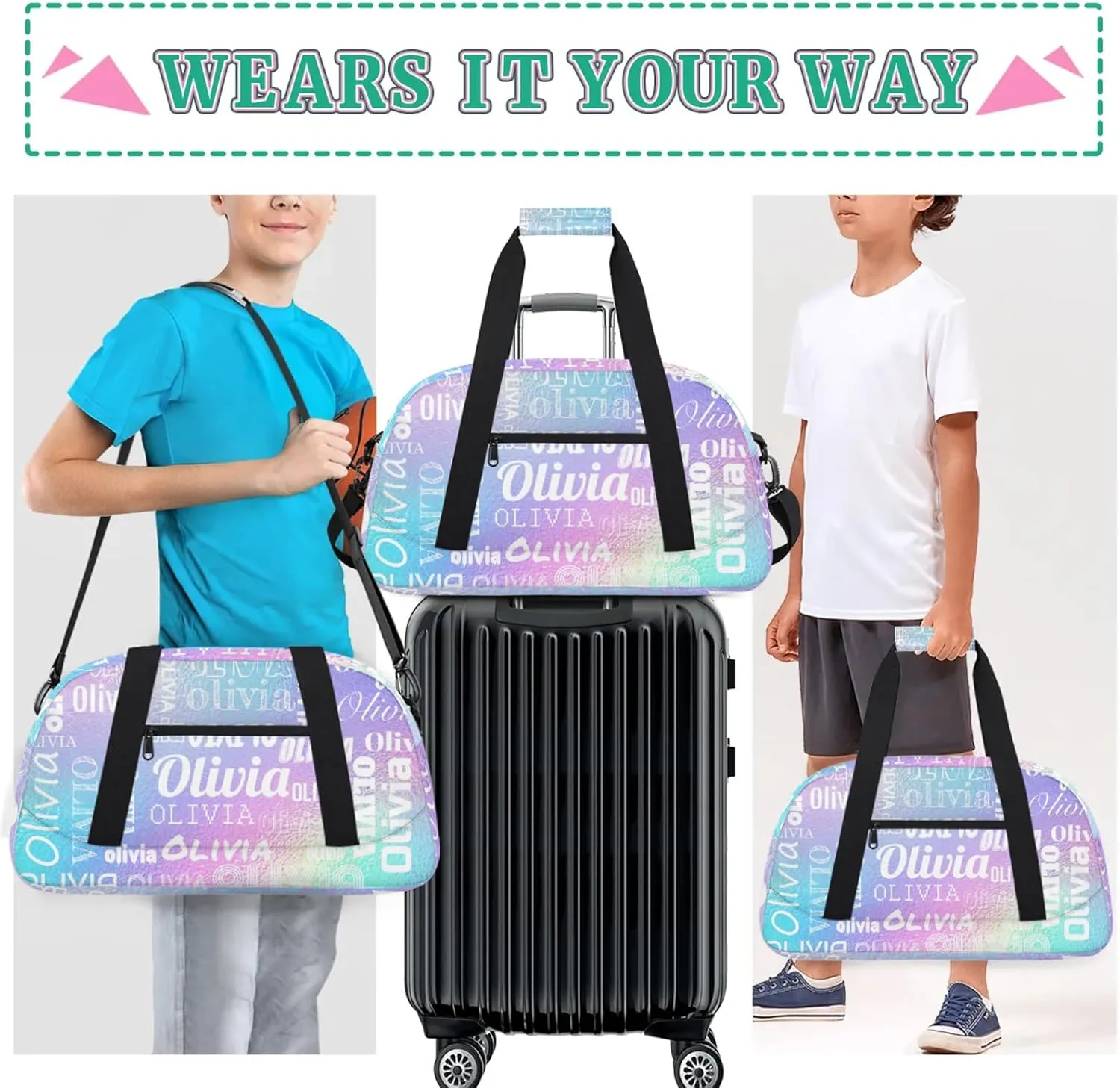 Personalized Duffel Bag with Name Custom Travel Sports Bag for Women Men Waterproof Dance Ballet Bag Lightweight 18.9in, Gradient Blue Purple