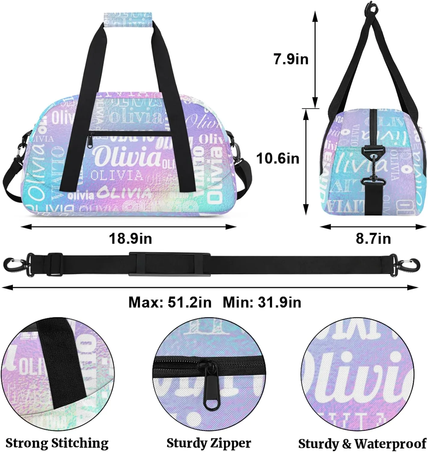 Personalized Duffel Bag with Name Custom Travel Sports Bag for Women Men Waterproof Dance Ballet Bag Lightweight 18.9in, Gradient Blue Purple