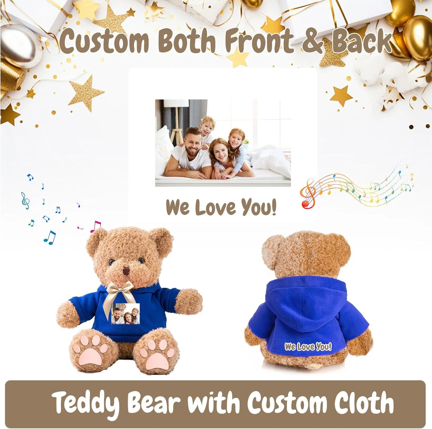 Personalized Gifts for Her Him Teddy Bear with Voice Recording, Personalized Bear with Bow for Kids Adults as Gifts for Christmas Valentines Day Birthday Gifts (12 inch-Text Photo)