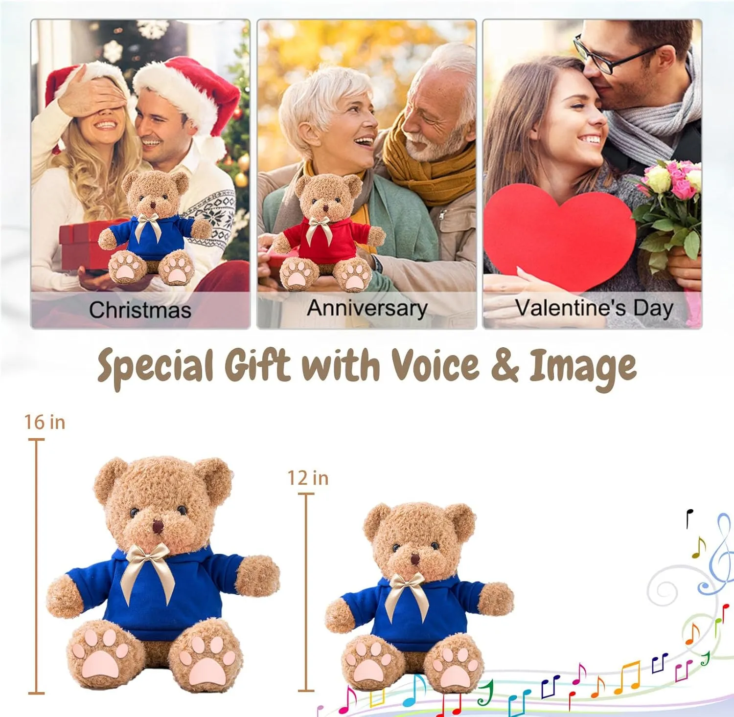 Personalized Gifts for Her Him Teddy Bear with Voice Recording, Personalized Bear with Bow for Kids Adults as Gifts for Christmas Valentines Day Birthday Gifts (12 inch-Text Photo)