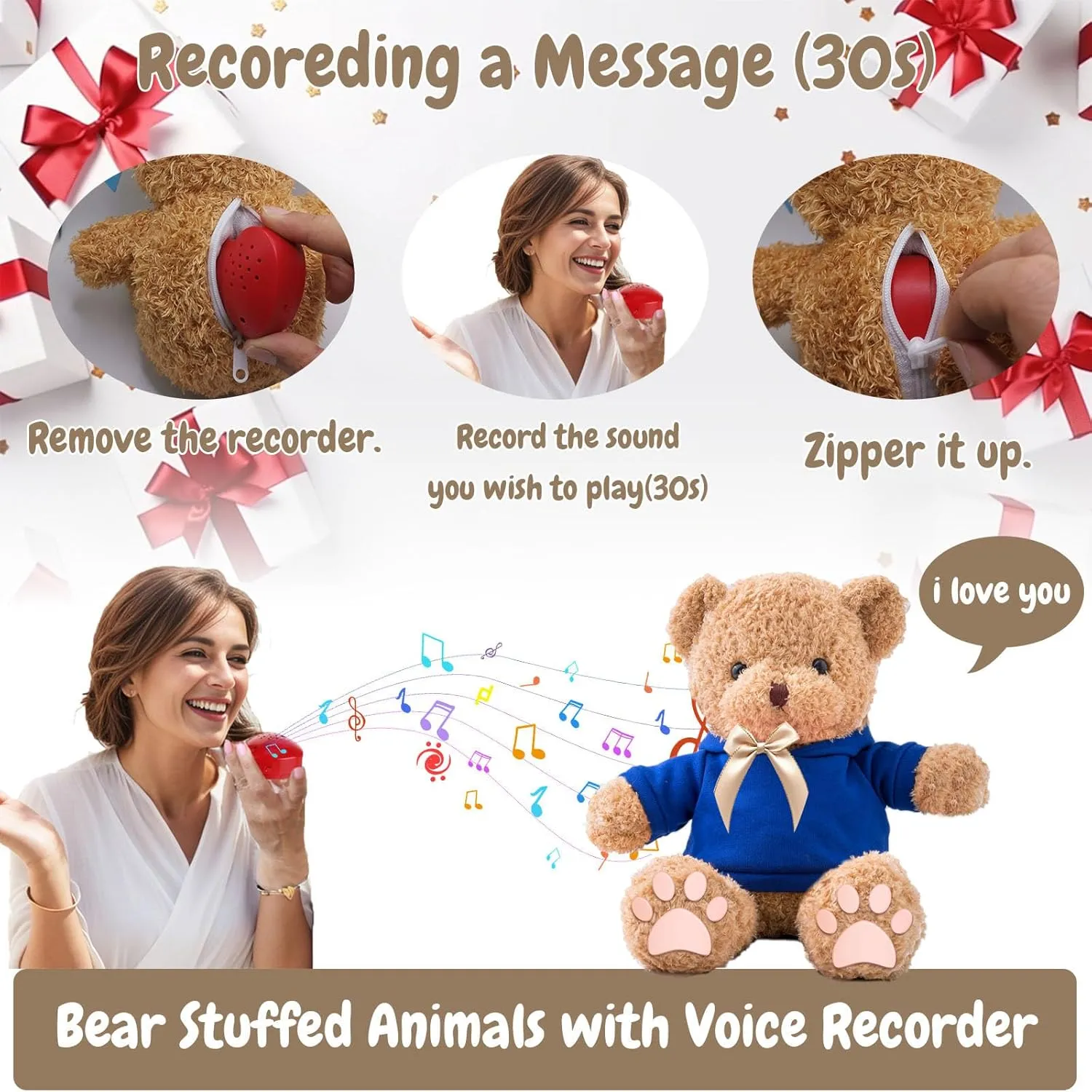 Personalized Gifts for Her Him Teddy Bear with Voice Recording, Personalized Bear with Bow for Kids Adults as Gifts for Christmas Valentines Day Birthday Gifts (12 inch-Text Photo)