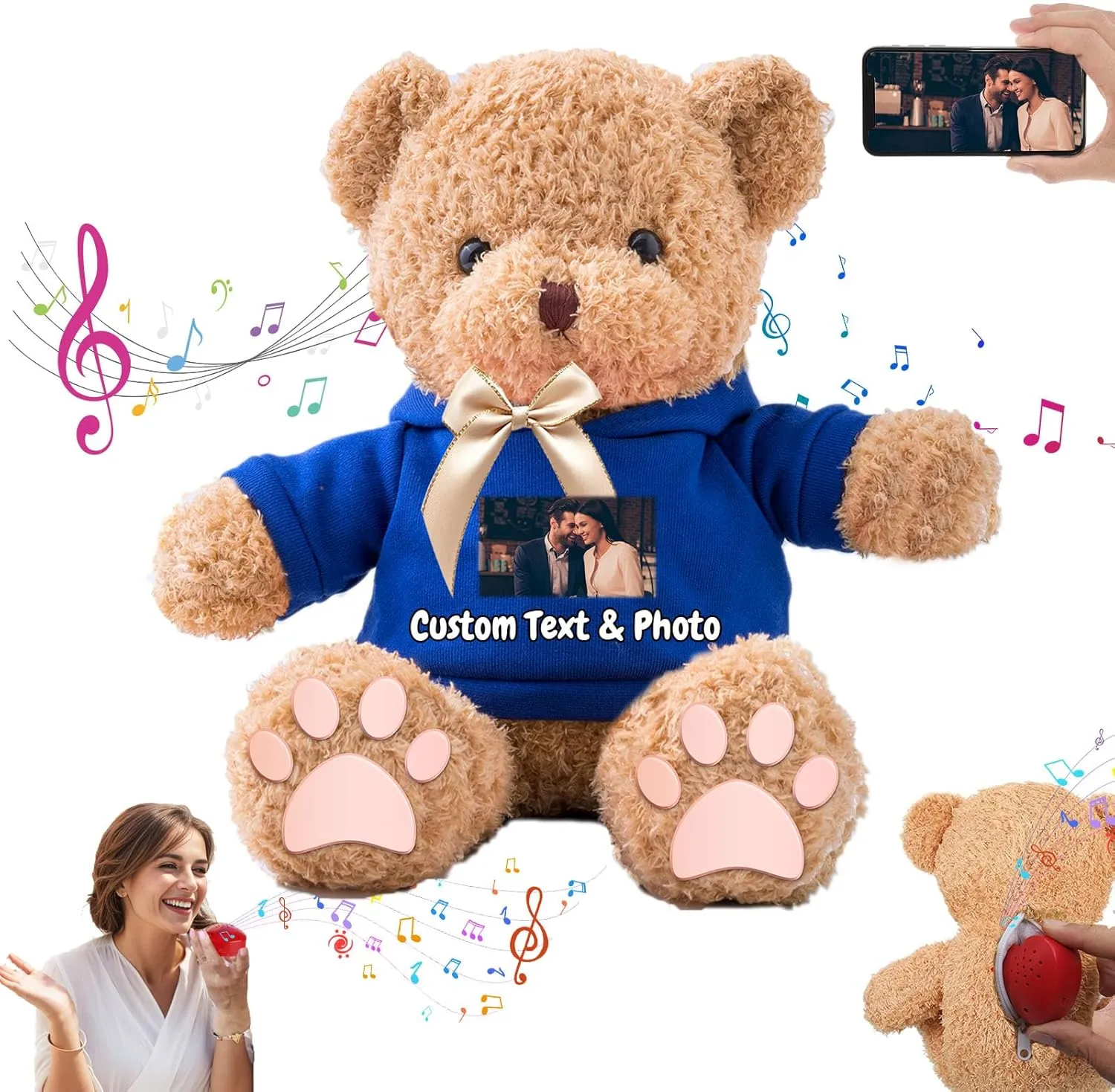 Personalized Gifts for Her Him Teddy Bear with Voice Recording, Personalized Bear with Bow for Kids Adults as Gifts for Christmas Valentines Day Birthday Gifts (12 inch-Text Photo)