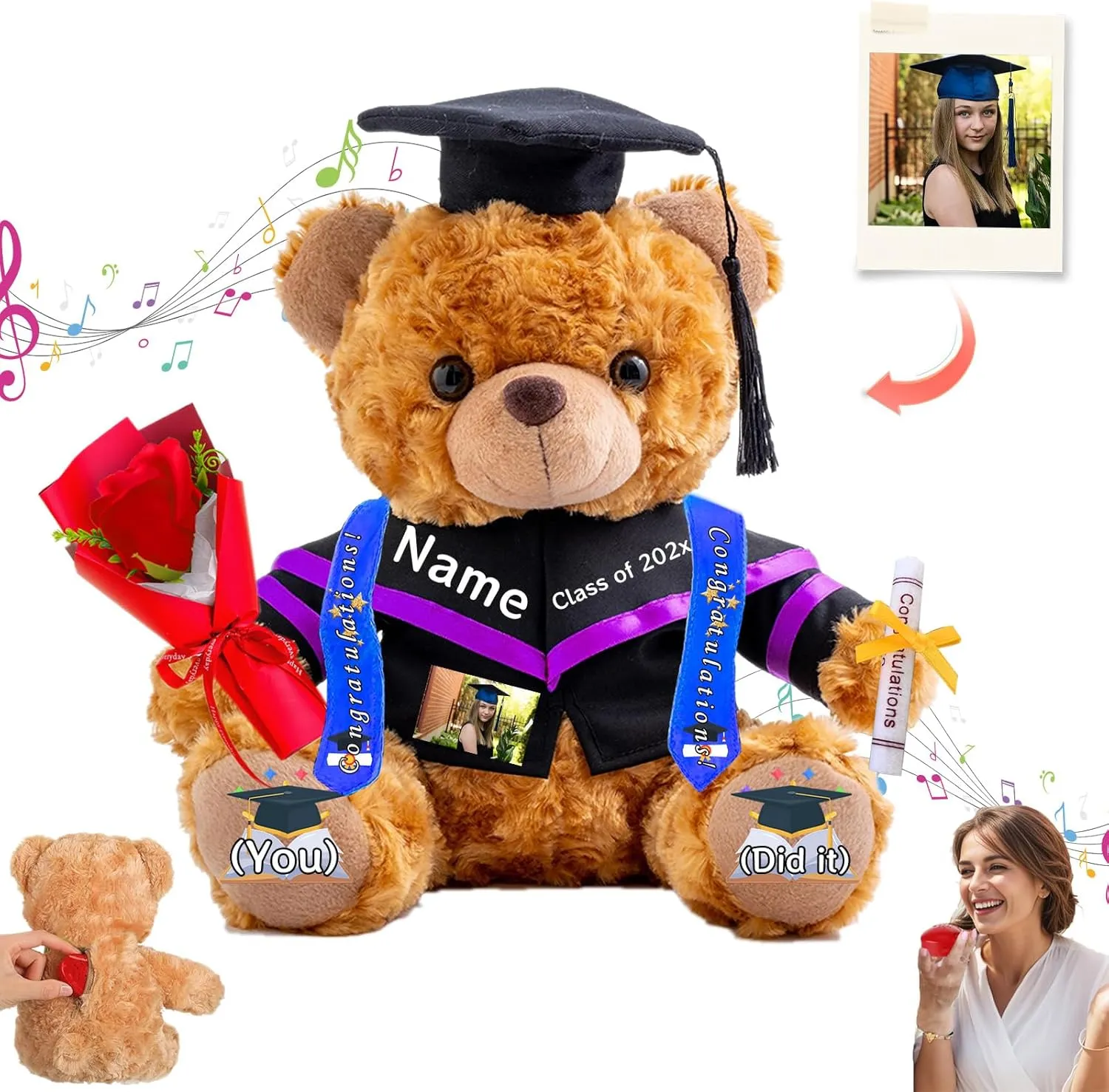 Personalized Graduation Teddy Bear with Text Photo 2025 Graduation Gifts for Him Her, Personalized Teddy Bear as 2025 Graduation Gifts for Girls Boys Graduation Day 2025 (10 inch)