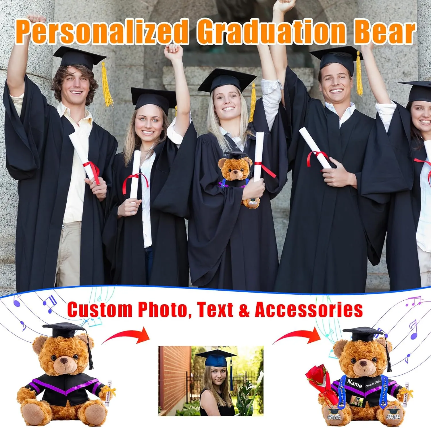 Personalized Graduation Teddy Bear with Text Photo 2025 Graduation Gifts for Him Her, Personalized Teddy Bear as 2025 Graduation Gifts for Girls Boys Graduation Day 2025 (10 inch)