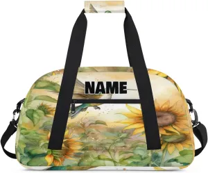 Personalized Gym Dance Bag with Name, Hummingbird Sunflowers Painted Custom Cheerleading Duffel Bag Travel Weekender Overnight Carry On Sleepover Bag