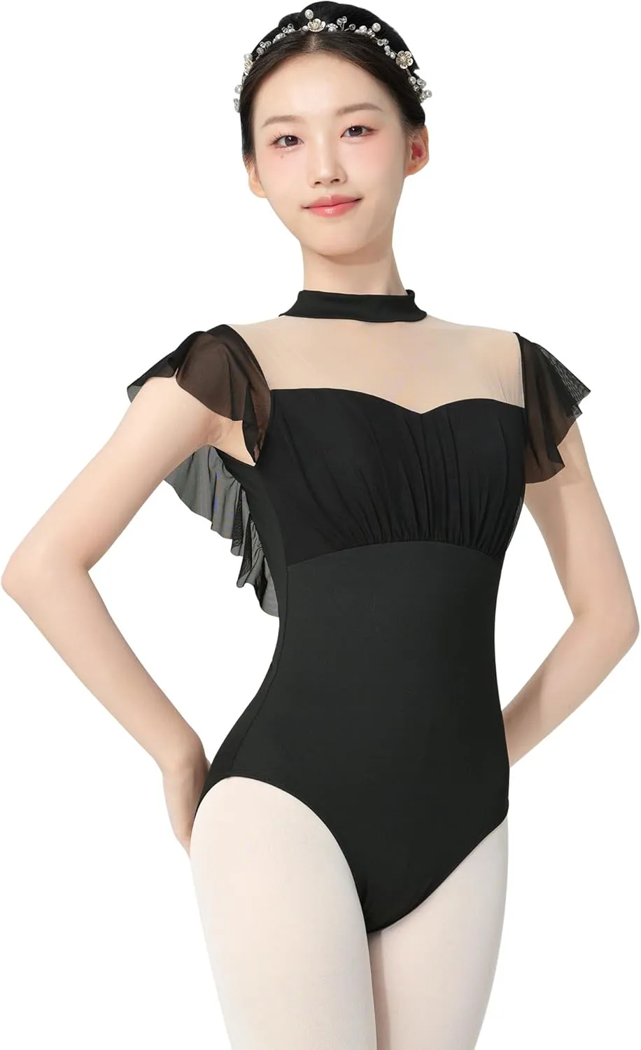 Phoeswan Ballet Leotards for Women, Women Dance Leotard Mesh with Flutter Sleeves, Turtleneck Adult Leotard for Dance