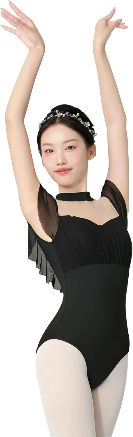 Phoeswan Ballet Leotards for Women, Women Dance Leotard Mesh with Flutter Sleeves, Turtleneck Adult Leotard for Dance