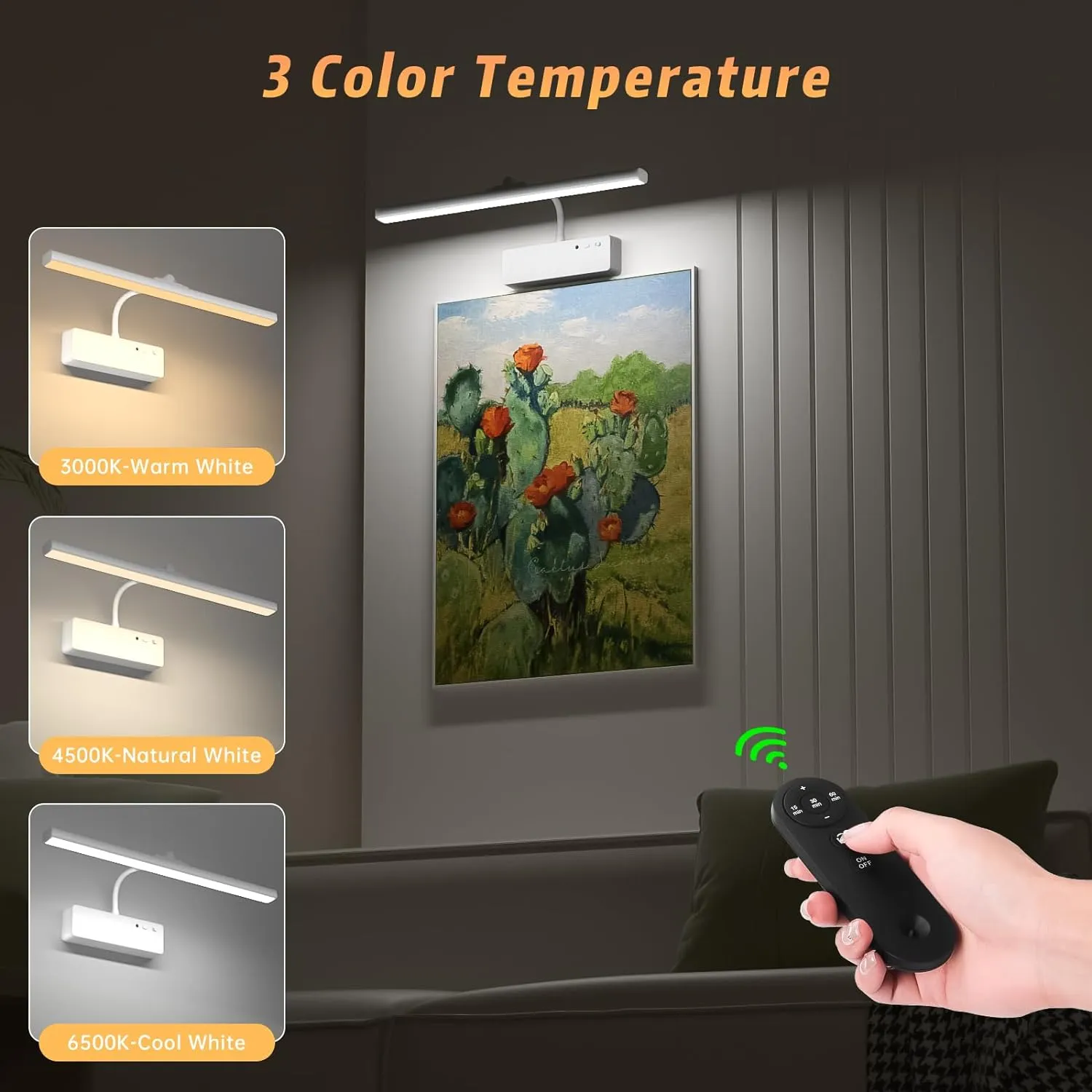 Picture Light with Remote, 15.35inch Wireless Rechargeable Battery Wall Light for Paintings, 3 Colors Paintings Light Dimmable and Timer Metal Art Light for Display, Wall, Artwork, Gallery (White)