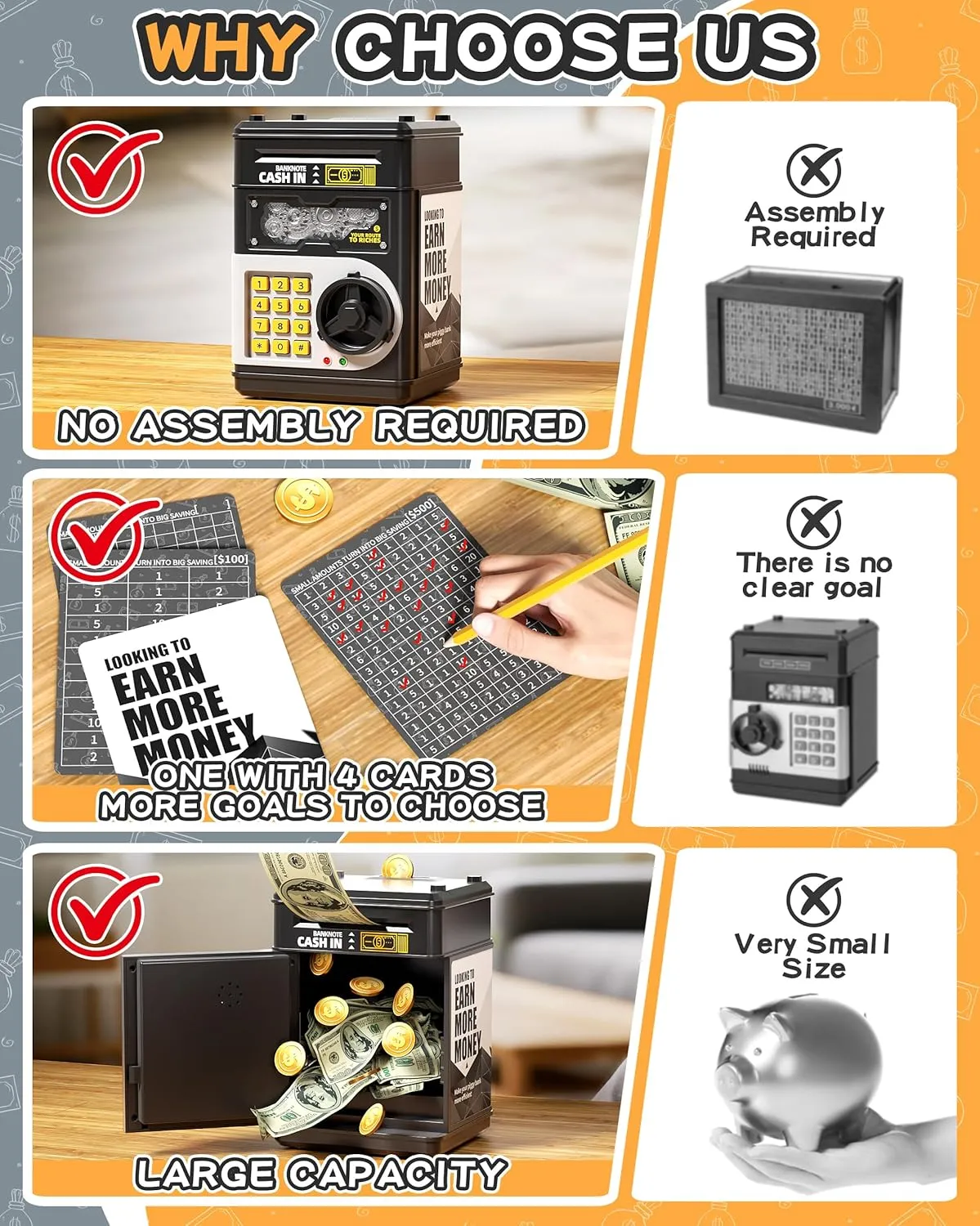 Piggy Bank for Kids Boys 5-13 with 4 Saving Record Cards, Kids Money Safe Banks for Real Money with 4-Digit Password, Electronic Piggy Bank Toys for Boys Girls with ATM-Style Cash Slot, Black