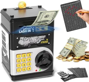 Piggy Bank for Kids Boys 5-13 with 4 Saving Record Cards, Kids Money Safe Banks for Real Money with 4-Digit Password, Electronic Piggy Bank Toys for Boys Girls with ATM-Style Cash Slot, Black