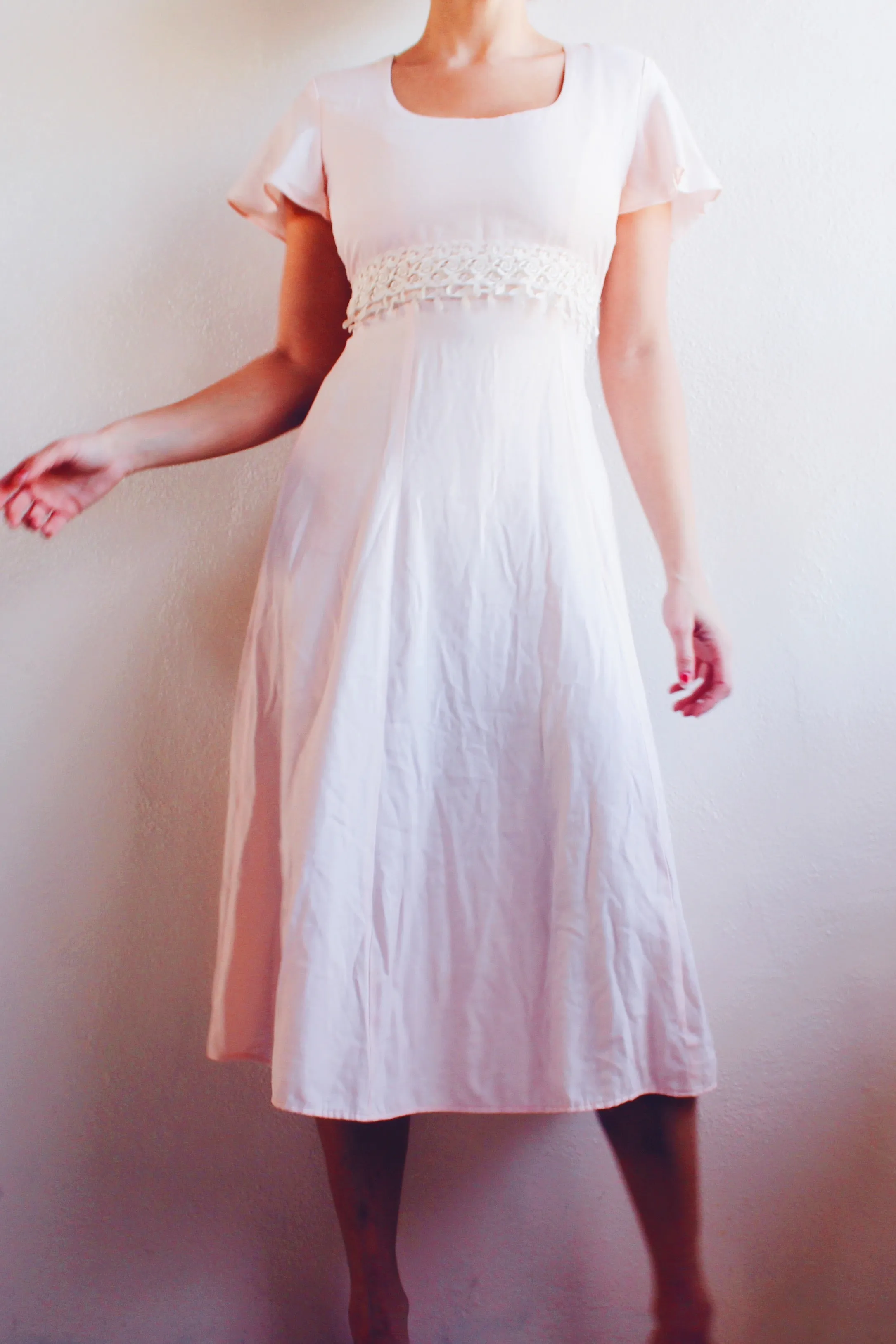 Pink Vintage Short-Sleeved Midi Dress - 1980s Coquette Charm for Romantic Valentine's Date