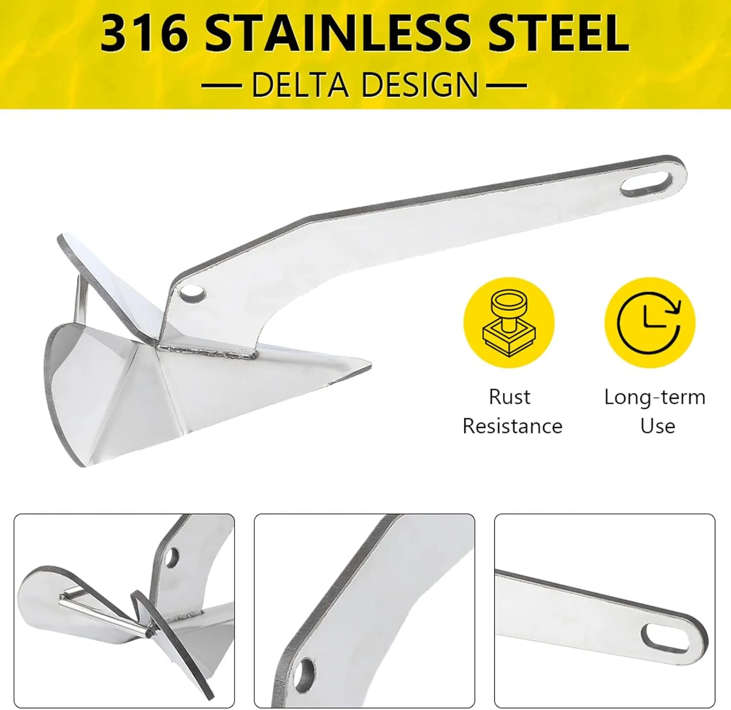PioneerWorks Boat Anchor, Fluke Anchor, 316 Stainless Steel Delta-Style Anchor for Pontoon, Dinghies, Fishing Boats, Bass Boats, Sport Boats, Sportyachts, Sailboats